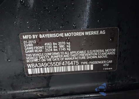 2013 BMW 335I из США, поврежденный, VIN WBA3A9C55DF476475